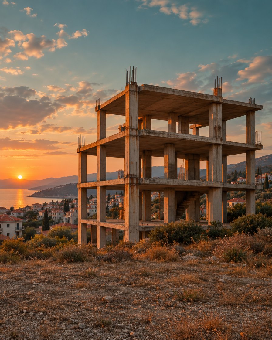 Estructura de formigó d'un edifici residencial inacabat a la posta de sol